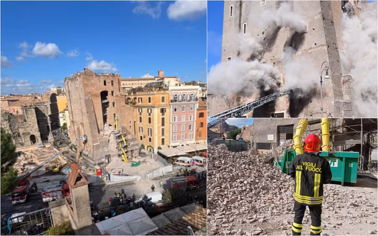 Roma, crolla una parte della Torre dei Conti ai Fori Imperiali: ferito un operaio