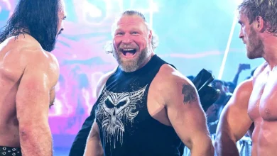 Scott Steiner reacts after Brock Lesnar shoves Bron Breakker's head suddenly