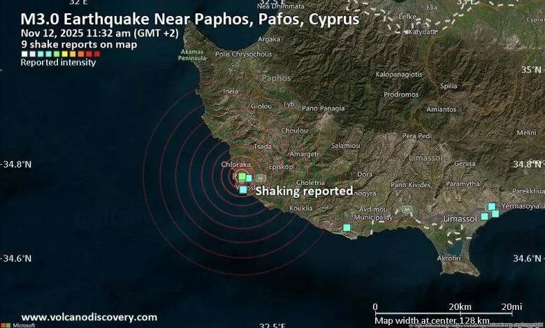 Seismic-like event, possible earthquake, reported few minutes ago near Paphos, Pafos, Cyprus