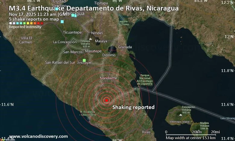Seismic-like event, possible earthquake, reported few minutes ago near Rivas, Rivas Department, Nicaragua