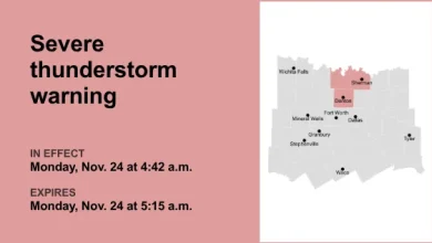 Severe thunderstorm warning affecting North Texas early Monday morning, says the NWS