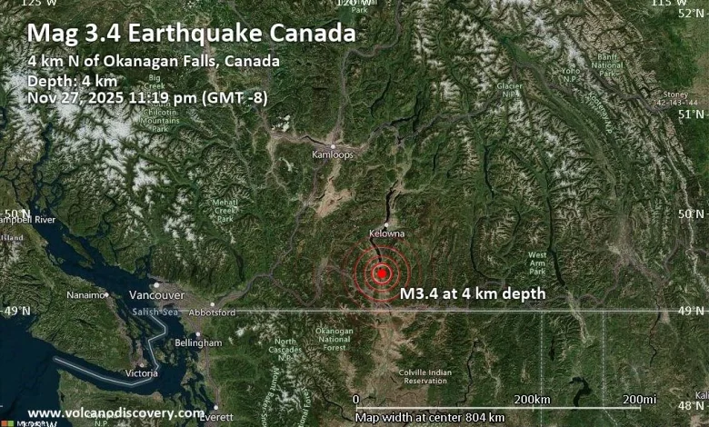 Small Magnitude 3.4 Quake Hits 7 Miles South of Penticton, Canada Late at Night
