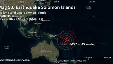 Strong mag. 5.0 earthquake - Coral Sea, 183 km southwest of New Jersey Island, Solomon Islands, on Friday, Nov 21, 2025, at 02:55 am (GMT +11)