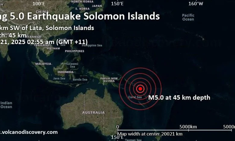 Strong mag. 5.0 earthquake - Coral Sea, 183 km southwest of New Jersey Island, Solomon Islands, on Friday, Nov 21, 2025, at 02:55 am (GMT +11)