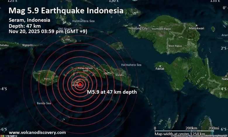 Strong mag. 5.8 earthquake - Banda Sea, 26 km east of Pulau Ambon Island, Maluku, Indonesia, on Thursday, Nov 20, 2025, at 03:59 pm (Jayapura time)