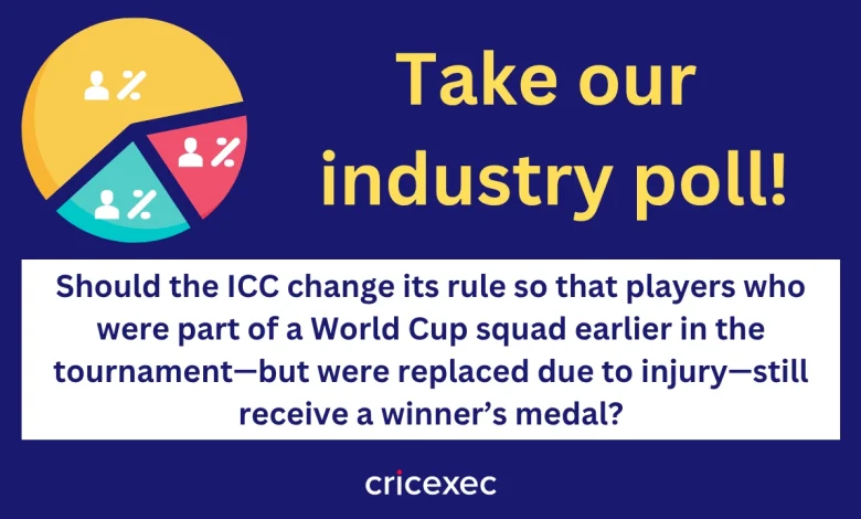 Take our industry poll: Should the ICC change its rule so that players who were part of a World Cup squad earlier in the tournament—but were replaced due to injury—still receive a winner’s medal?