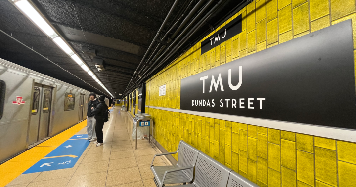 Temporary signage marks renaming of Dundas Station in Toronto