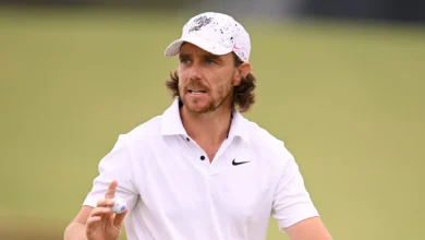 Tommy Fleetwood reacts to the DP World Tour announcing the Rory McIlroy Award