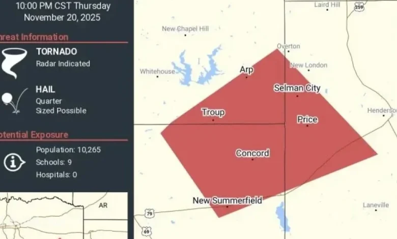 Tornado Alert Issued for Smith, Cherokee, Rusk Counties
