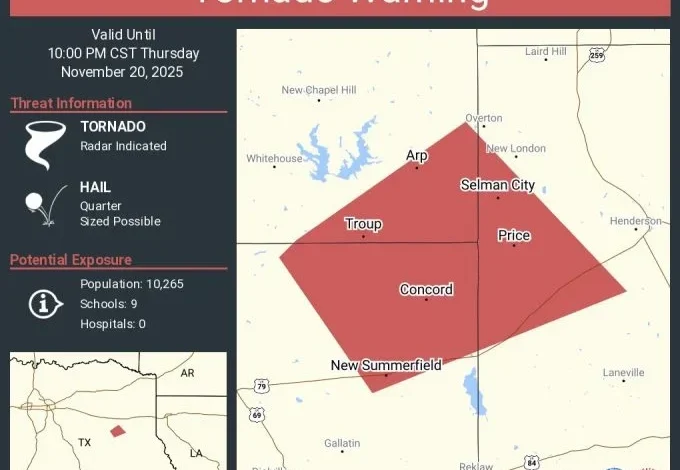 Tornado Warning Issued for Cherokee, Rusk, and Smith Counties in East Texas