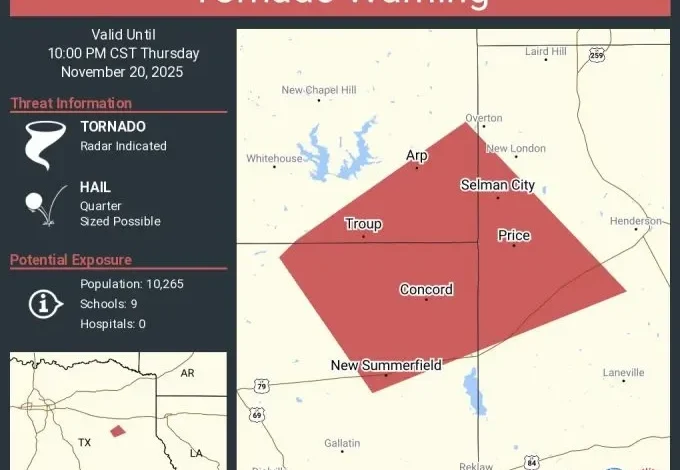 Tornado warning issued for Smith, Cherokee, Rusk counties
