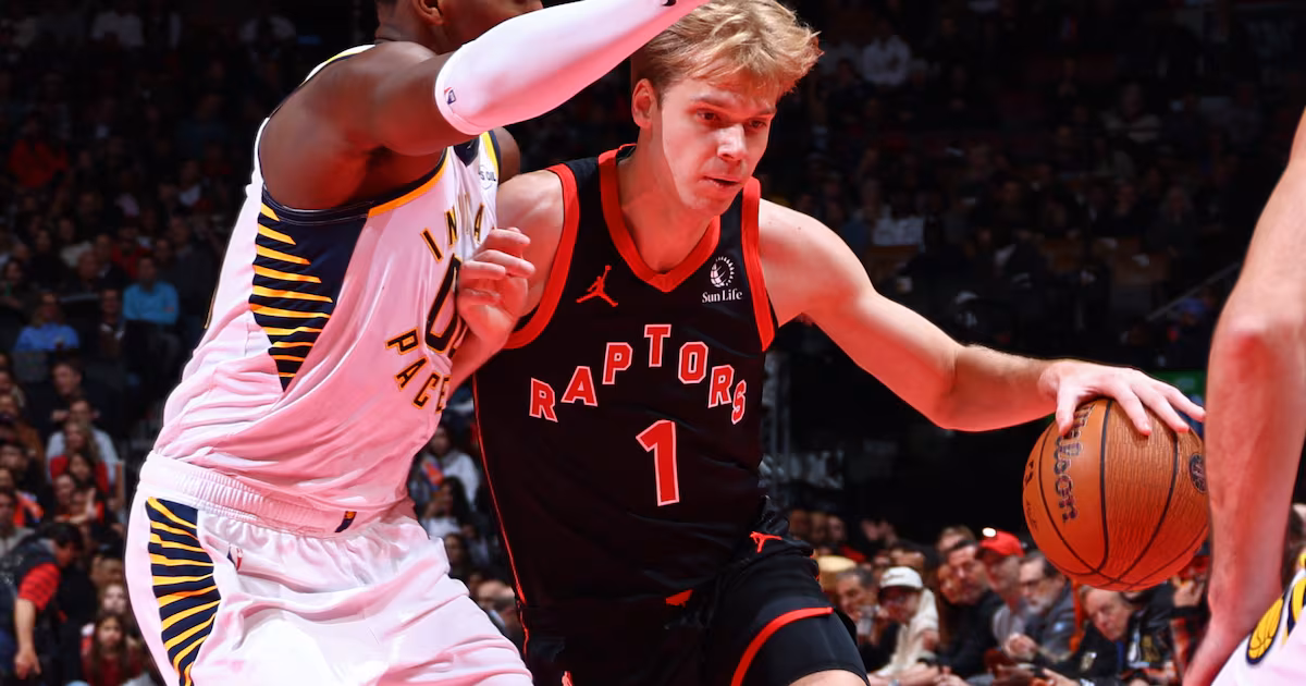 Toronto Raptors’ Gradey Dick exits Wednesday’s game against Indiana Pacers after hard fall