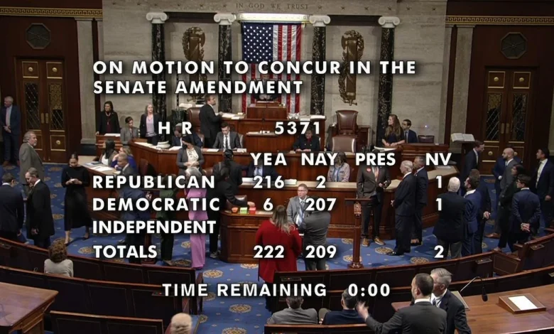 US house passes bill to end historic government shutdown, sending measure to Trump