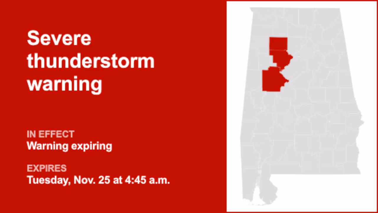 Update: Severe thunderstorm warning previously issued for Alabama will expire at 4:45 a.m.
