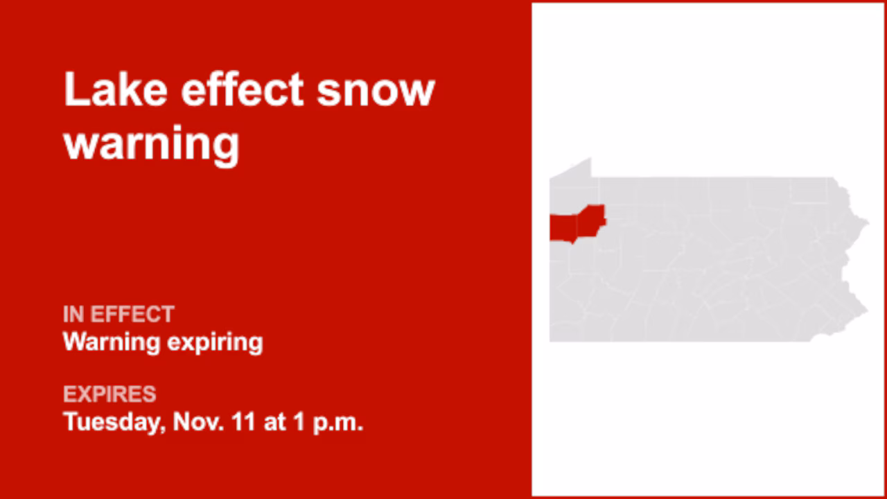 Update: The current lake effect snow warning for Mercer and Venango counties will be expiring at 1 p.m.