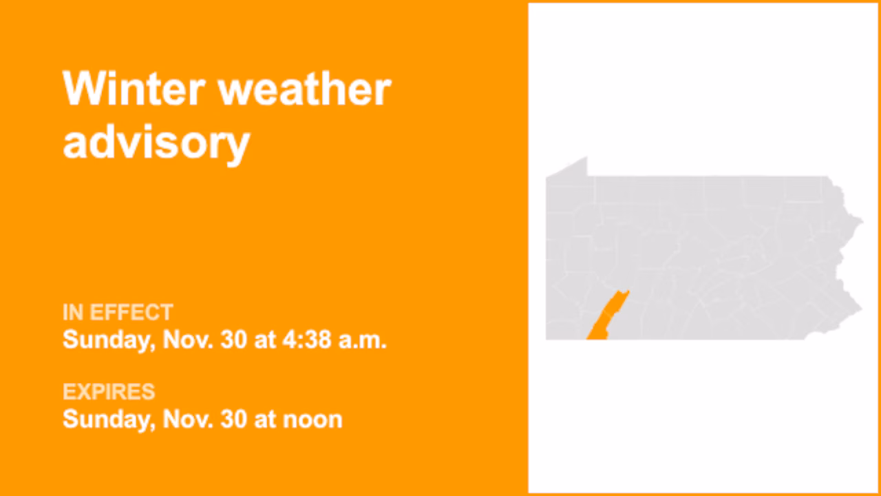 Update: Winter weather advisory issued for Westmoreland Ridges and Fayette Ridges for Sunday – gusts to hit 40 mph