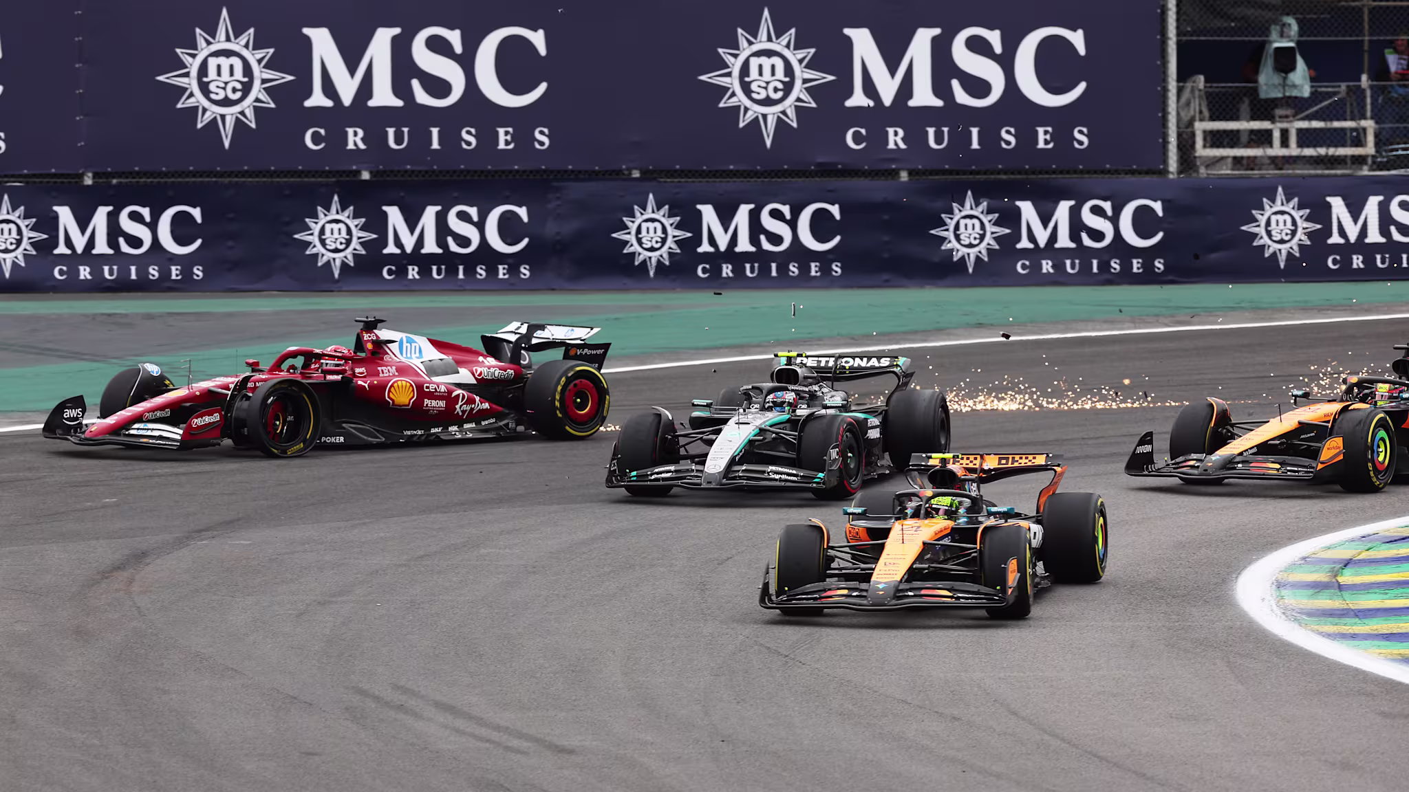 Watch Leclerc retire after Piastri/Antonelli battle