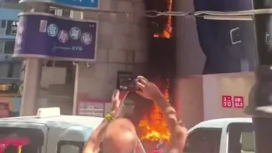 Watch This | Artificial grass wall at Causeway Bay's Lee Theatre engulfed in flames: Cigarette butt suspected