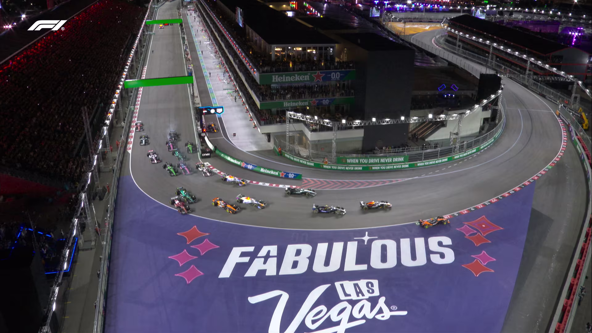 Watch the Las Vegas GP race start as Norris runs wide