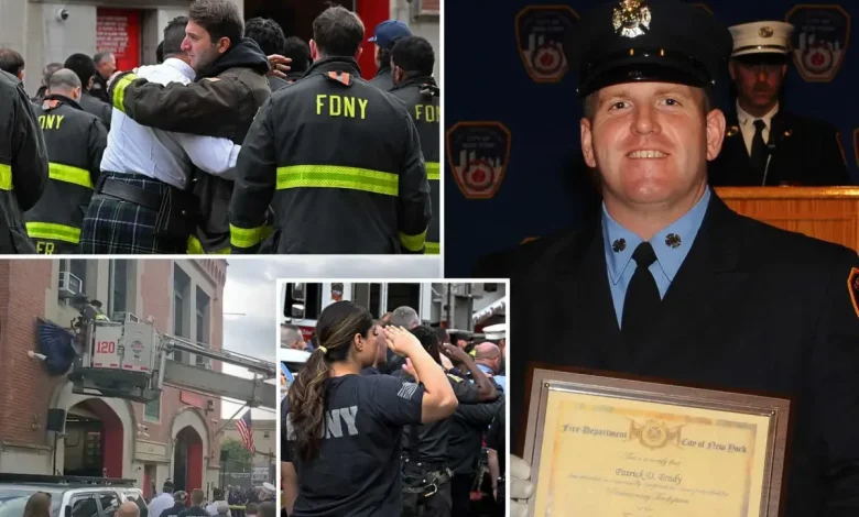 Widow, FDNY siblings of fallen firefighter Patrick Brady weep as bunting is put up at firehouse