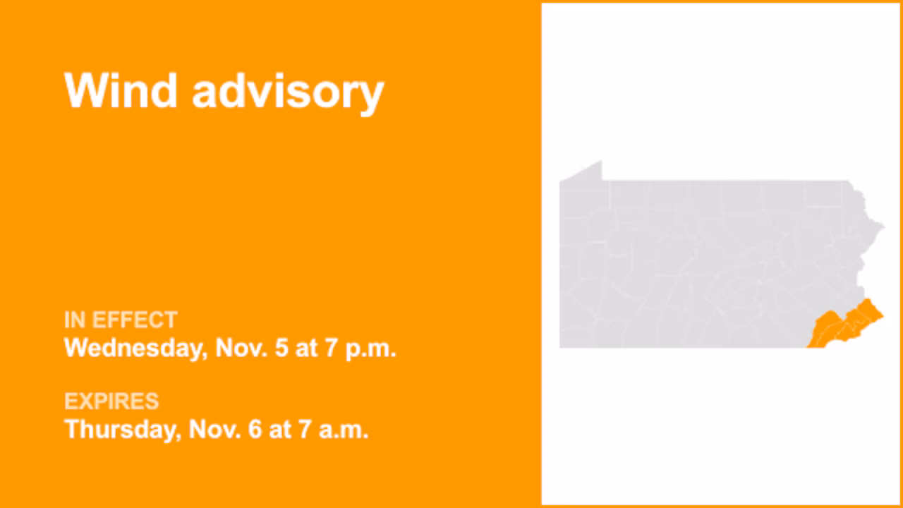 Wind advisory affecting Southeast Pa. until Thursday morning – wind gusts reaching 50 mph