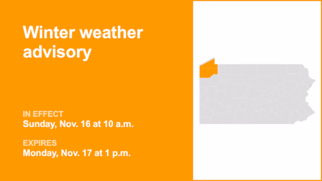 Winter weather advisory in place for Southern Erie and Crawford County until Monday afternoon