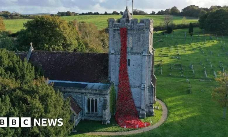 Wool villagers knit 5,000 poppies for Remembrance cascade