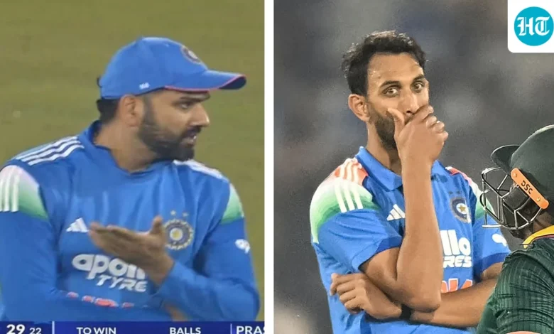 Angry Rohit Sharma gives animated lecture to Prasidh Krishna and Harshit Rana after wayward bowling
