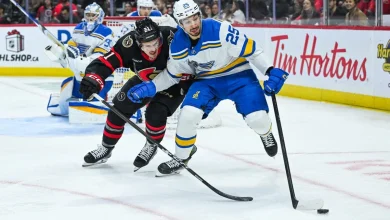 Blues’ Jordan Kyrou leaves game against Senators