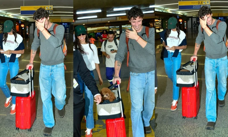 Bruna Marquezine desembarca em SP com Shawn Mendes e cachorrinho que adotou com João Guilherme