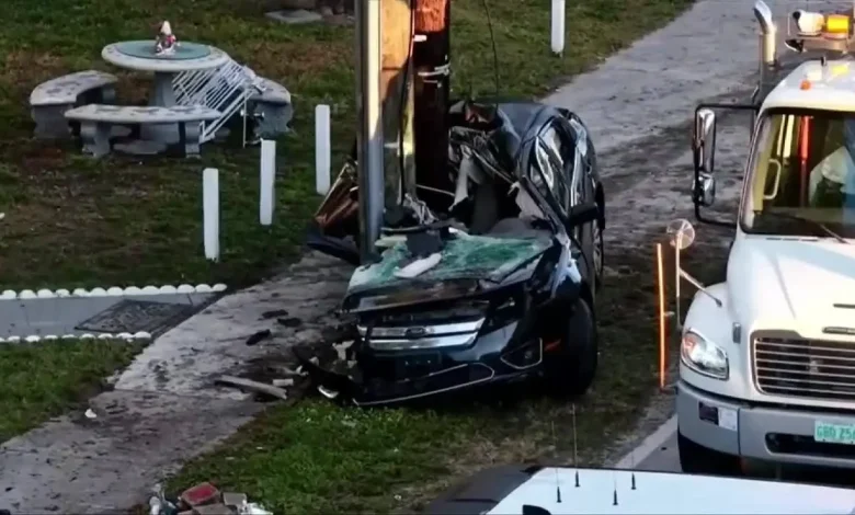 Car ends up wrapped around pole after crash in Hollywood