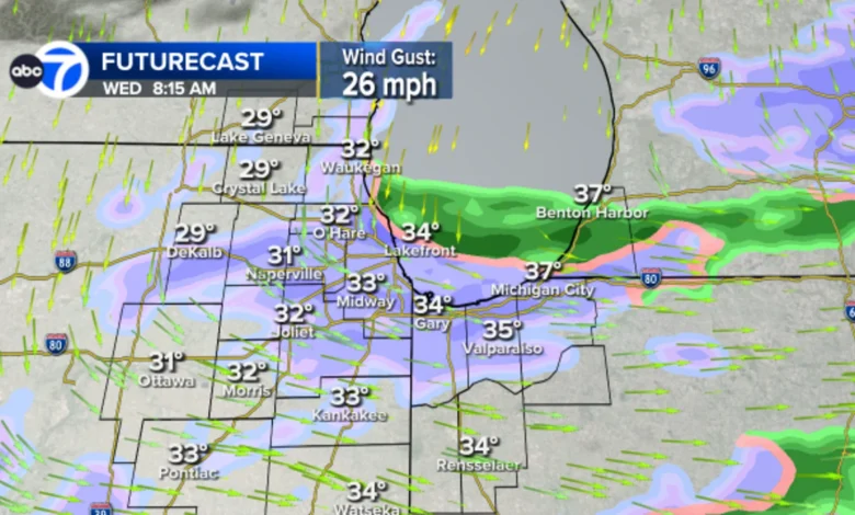 Chicago, Illinois weather forecast tomorrow includes gusty winds, possible blowing snow during morning commute
