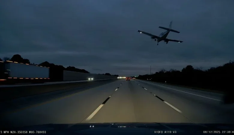 Dramatic moment plane collides with car during highway crash landing