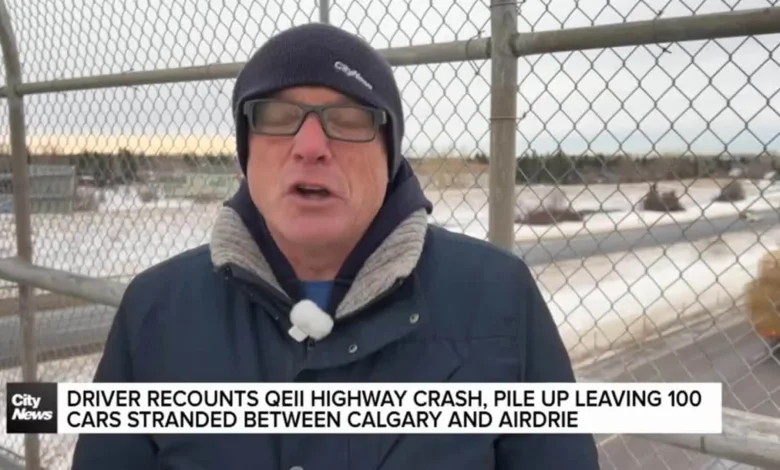 Driver recounts QEII highway crash, pile up leaving 100 cars stranded between Calgary and Airdrie