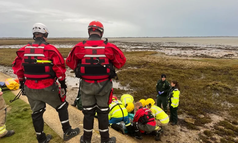 Emergency services rescue man fallen onto marshland in Portsmouth
