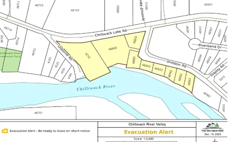Evacuation alert for Sheldon Road residents in the Chilliwack River Valley