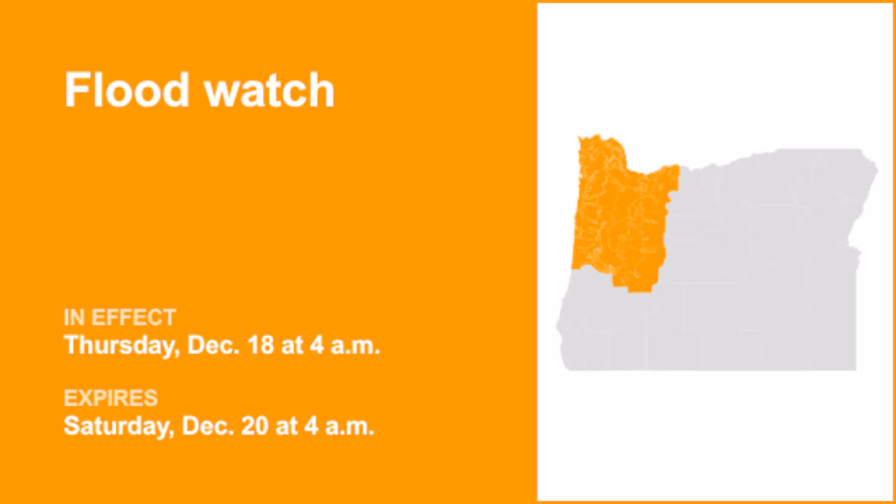 Flood watch affecting Oregon from Thursday to Saturday caused by intense rainfall