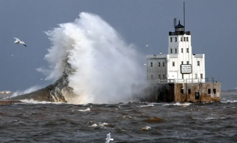 Gale warnings, large waves on Great Lakes. See warnings, advisories