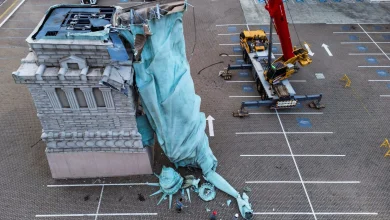 Horror moment massive 78ft ‘Statue of Liberty’ COLLAPSES in brutal 55mph storm sending it crumbling to the ground
