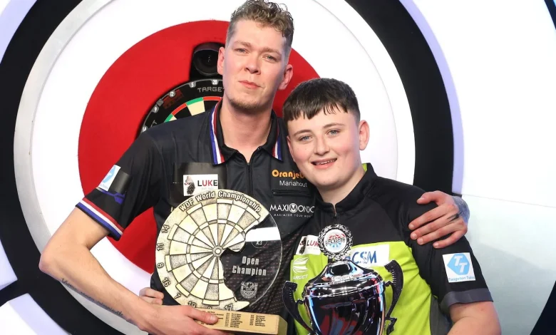 Jimmy van Schie, Mitchell Lawrie after their WDF World Darts Championship final (picture courtesy of Chris Sargeant)
