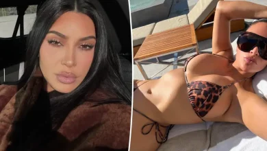 Kim Kardashian soaks up the sun in a tiny leopard print string bikini