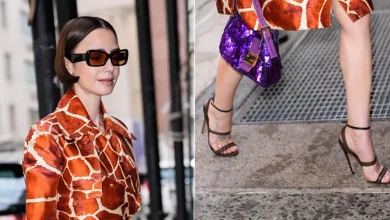 Lily Collins Builds a Texture Story With Woven Stilettos and Vintage Cavalli in New York
