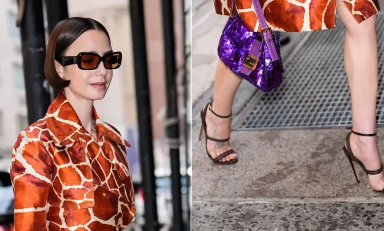 Lily Collins Builds a Texture Story With Woven Stilettos and Vintage Cavalli in New York