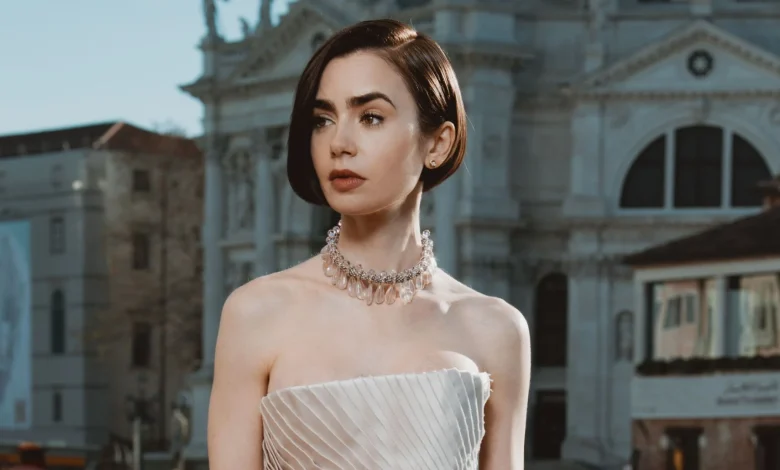 Lily Collins's Schiaparelli Haute Couture Dress Is Adorned With Feathers and Petals