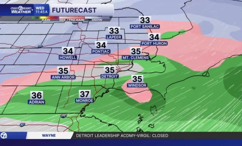 Metro Detroit Weather: Snow, sleet and rain in metro Detroit this morning