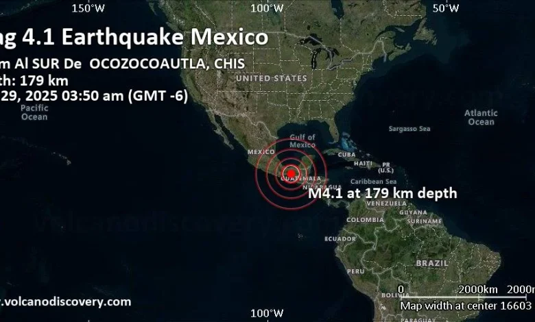Moderate mag. 4.1 earthquake - 35 km southwest of Tuxtla, Estado de Chiapas, Mexico, on Saturday, Nov 29, 2025, at 03:50 am (GMT -6)