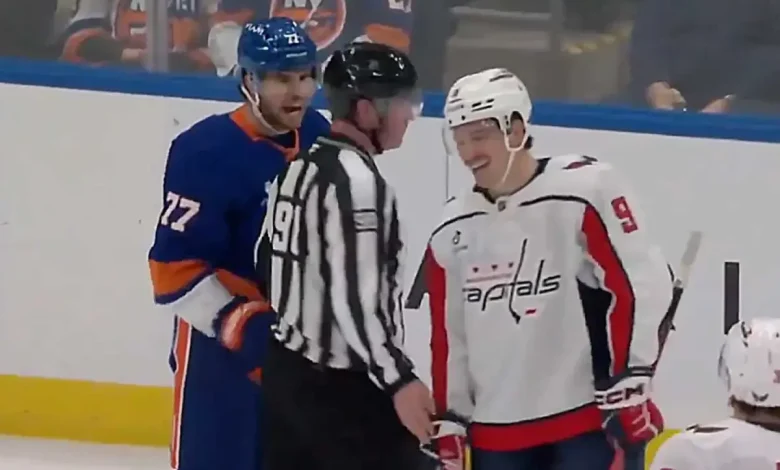 Ryan Leonard laughs at Tony DeAngelo after he appears to challenge Capitals rookie to fight