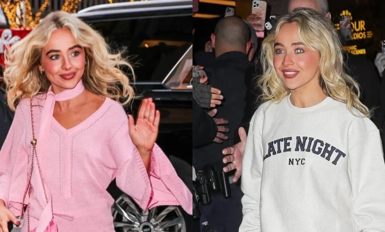 Sabrina Carpenter Arrives for ‘Meyers’ Taping in Cute Pink Dress, Leaves in ‘Late Night’ Sweatshirt
