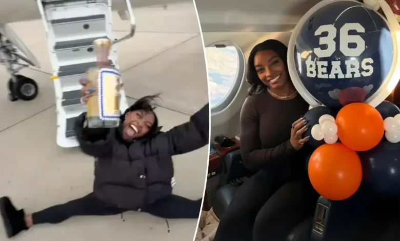 Simone Biles does split with a bottle of tequila after private jet trip for Bears' Black Friday game