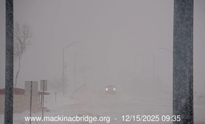 Snow blankets Mackinac Bridge, drivers urged to reduce speed and use caution